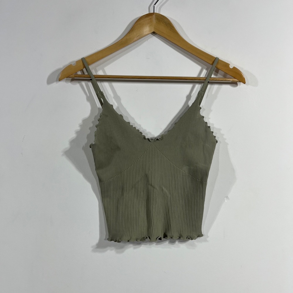 Intimately FP Y2K Fairy Grunge Olive Green Ribbed Lettuce Edge Camisole XS/S Top